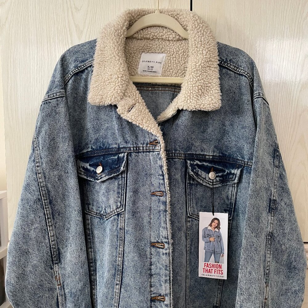 Celebrity Pink Womens Cotton Sherpa Acid Wash Denim Trucker Jacket XL/XG (15-17)